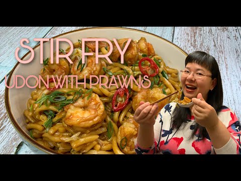 Homemade Stir Fry Ginger Spring Onion Udon Noodles with Prawns