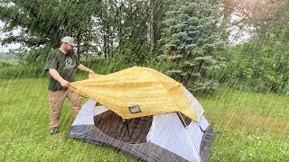 Tent Camping in Rain and Cooking Steak Over Campfire
