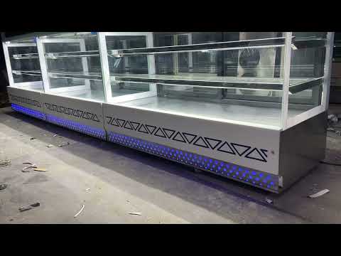 Stainless steel,glass rectangular blue stone cake display co...