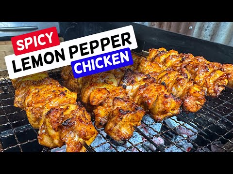 Lemon pepper chicken thighs on skewers by Schueys BBQ