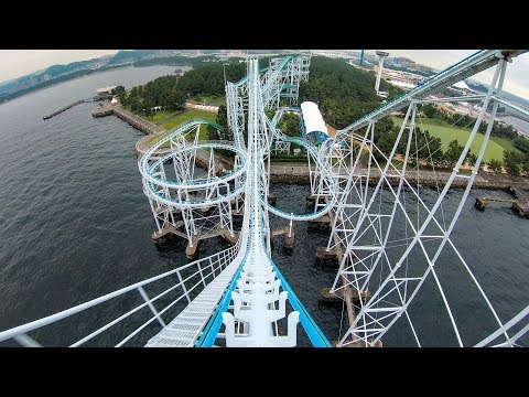 Riding "Surf Coaster" Roller Coaster at Sea Paradise in Japan! Front Seat 4K Onride POV