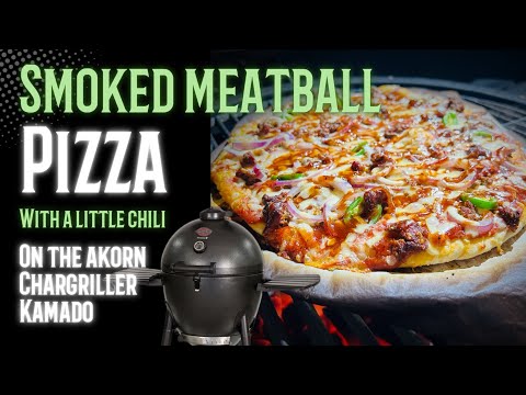 Smoked BBQ meatball pizza on the akorn chargriller
