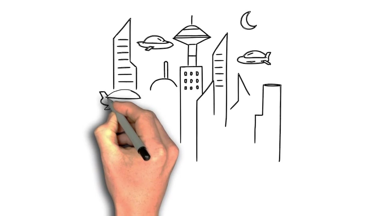 How to draw Futuristic city with flying cars drawing image step by step
