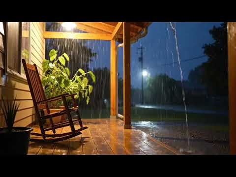 Hujan di teras rumah pedesaan malam hari