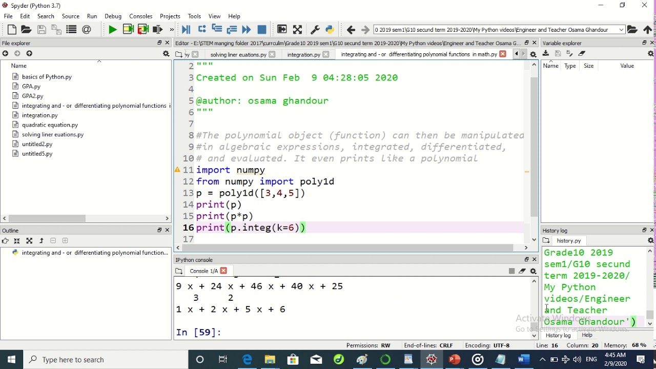 part 9 Python  integrating and   or  differentiating polynomial functions  in math   By Engineer and