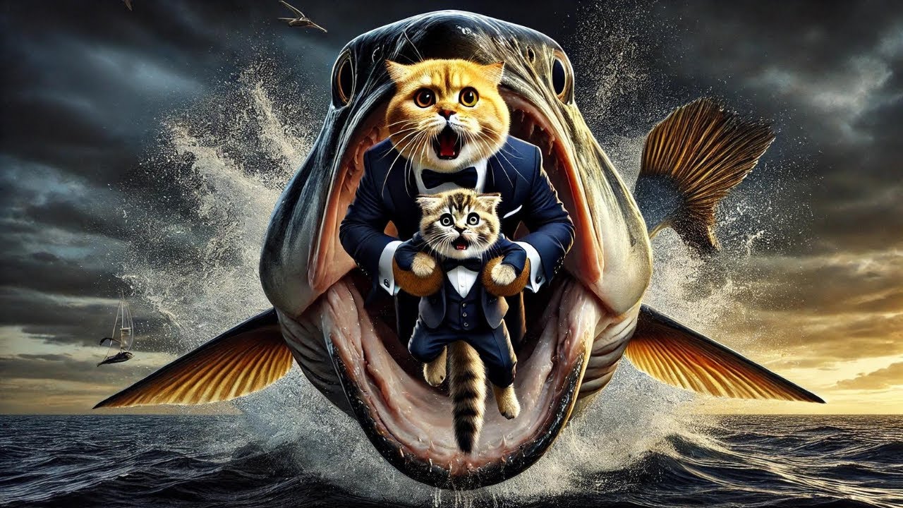 Cat Family vs. Monster Fish #cat #cute #ai #catlover #catvideos #cutecat #aiimages #aicat