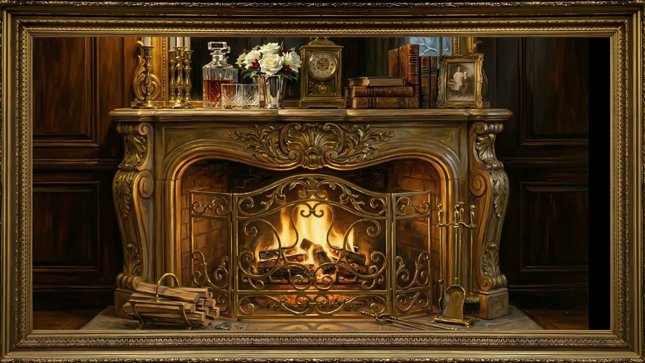 Animated Old Money Fireplace Gold Frame TV Art | 2 Hours 4K — 4K ambient art screensaver in baroque gold frame