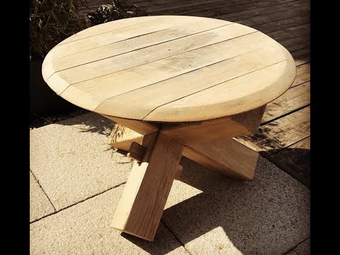 No glue oak beam table (whisky barrel top) for the Viking bog chair | How to make a slot table