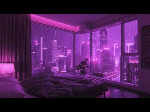 TechnoTopia | Chill Pink Room City Lights View | Relaxing Background Rain Sound Vibes | 1 Hour