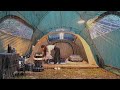 Solo camping in luxury XL tent with living room and room in heavy rain ASMR
