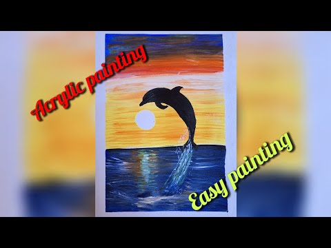 Sunset Dolphin Scenery Painting | Dolphin Diving in to the Sea Scenery Drawing & Painting
