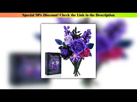 Slide BuildMOC Purple Rose Botanical Building Block Set,Gothic Decor Artificial Rose Flower Bouquet
