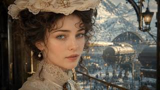 Steampunk victoriaans steampunk retrofuturisme victoriaans Een blik in het dagelijks leven in een met sneeuw bedekte stad met meerdere verdiepingen waar Victoriaans