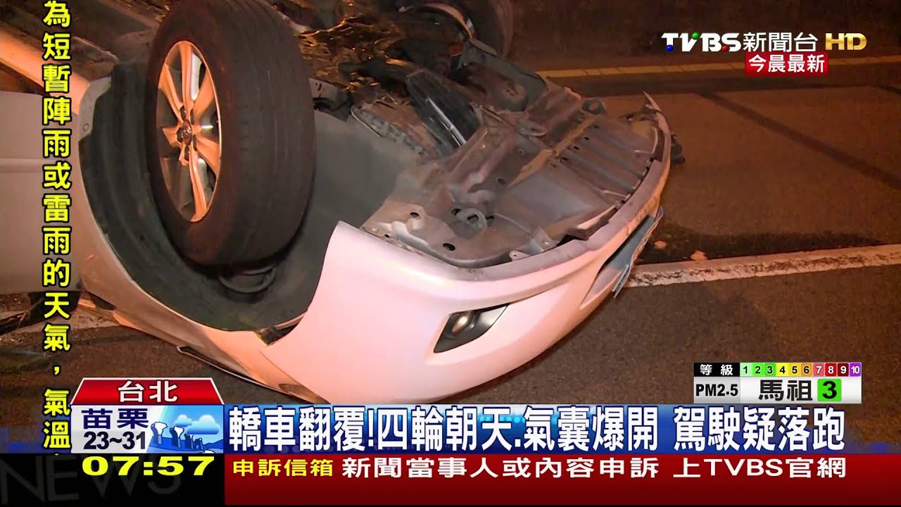 轎車翻覆！四輪朝天 、氣囊爆開　駕駛疑落跑