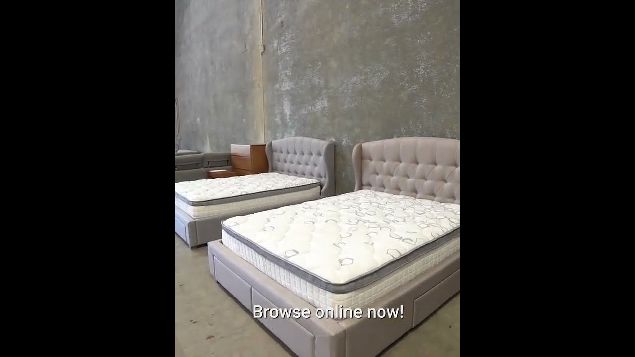 Piper Queen & King Bed with 4 drawers and upholstered - Oatmeal colour