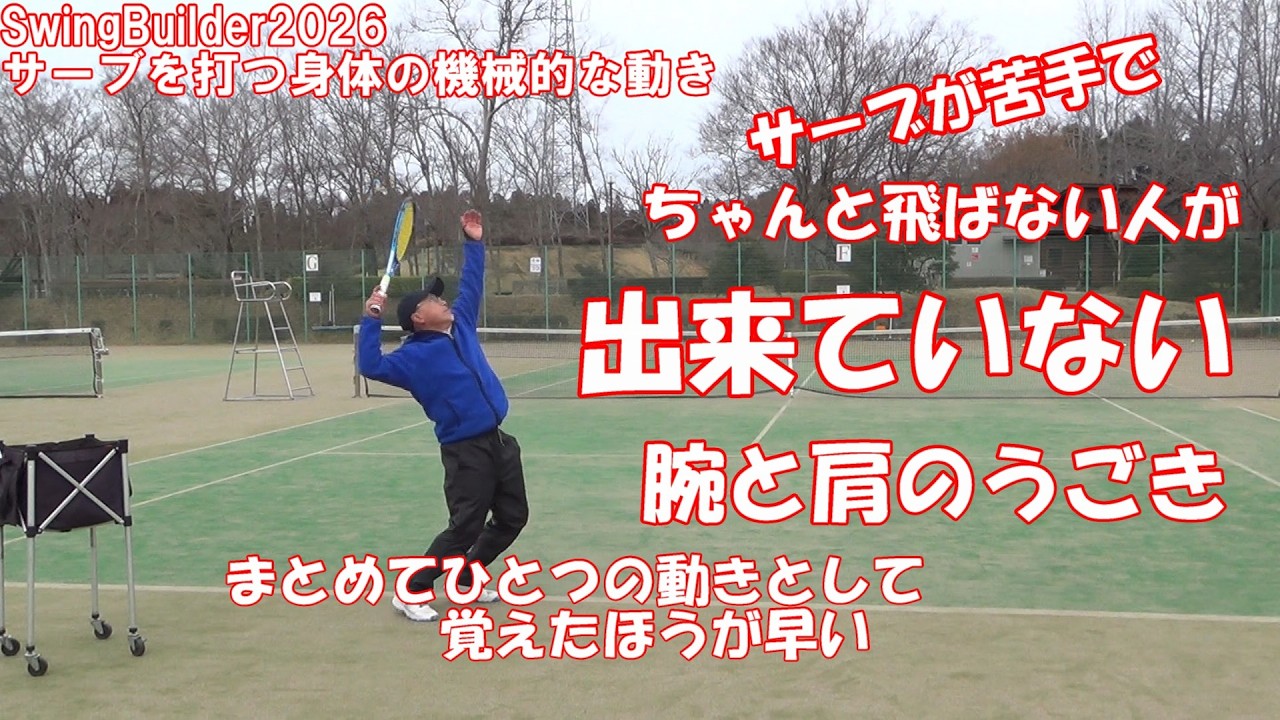 【テニス　サーブの機械的なうごき】ネコパンチ族のみなさんが腕を振るときにできないのが「腕の動きに伴った肩の動き」です　テイクバックの仕方を見つけてみましょう