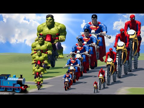 Big & Small: Spiderman with Saw wheels vs Superman vs Hulk on a motorcycle vs Trains | BeamNG.Drive