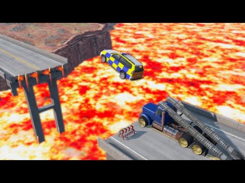Cars Jumping over Broken Bridge and Deep Lava River NHQ - Super Car vs Plateau Abyss