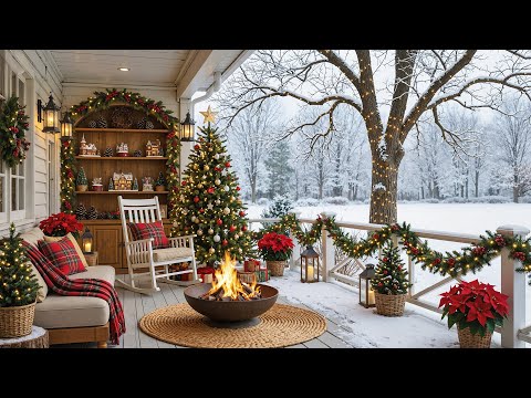 Peaceful Winter Porch Ambience ⛄Instrumental Christmas Music & Fireplace 🔥 Christmas Ambience