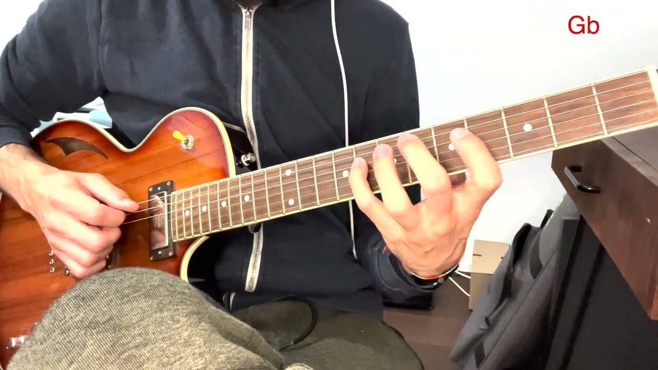 Guitarist demonstrating major 7 arpeggio voice leading through the circle of fourths