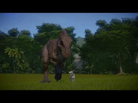 Jurassic World Evolution: Tyrannosaurus Rex eating a poor goat.