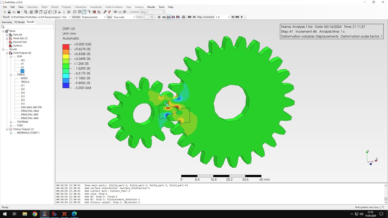 PrePoMax (CalculiX FEA) - Tutorial 42 - Spur gears