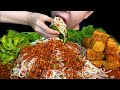 Eating Spicy Thai Food Spicy Rice Noodles Salad Crispy Pork Belly