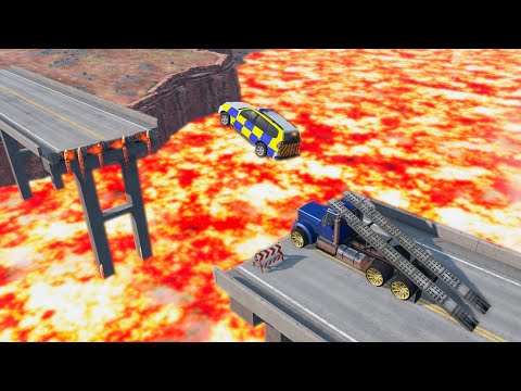 Cars Jumping over Broken Bridge and Deep Lava River NHQ - Super Car vs Plateau Abyss - BeamNG.Drive