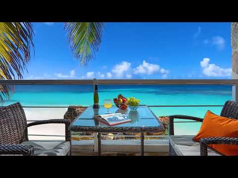 Outdoor Seaside Coffee Shop Ambience with Positive Bossa Nova Jazz Music & Crashing Waves for Relax