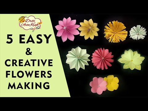 5 EASY AND CREATIVE FLOWERS MAKING | DIY PAPER FLOWERS TUTORIAL | DRITI ARTOKRAFT