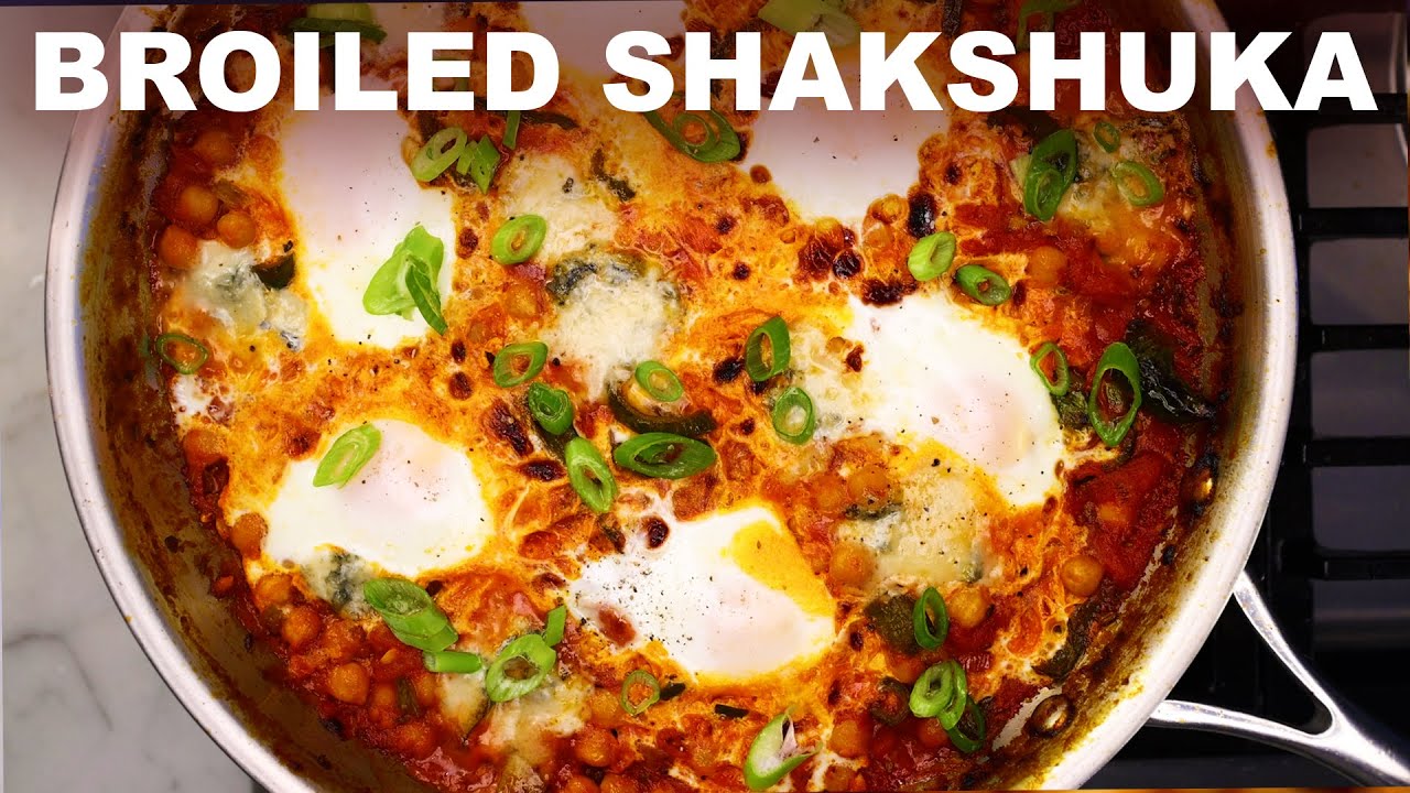 Shakshuka that isn't soupy eggs poached in spicy tomato sauce chickpeas