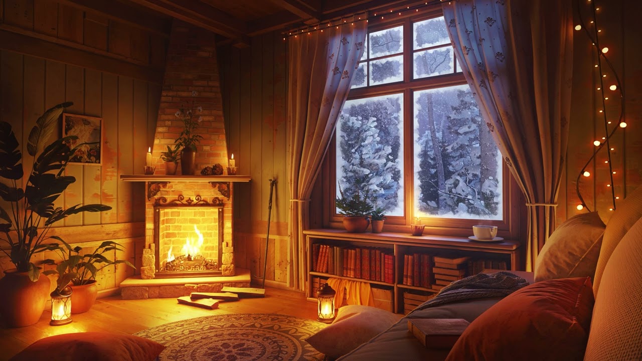 Wind and Crackling Fireplace in a Cozy Winter Hut for Sleep, Relax, Study