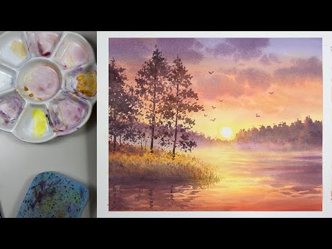 Watercolor painting landscape - Sunset Reflection