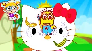 Coloring Hello Kittys Face with Minions Banana to learn and teaching Kids Colors and Shapes