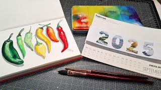Rainbow Peppers in Watercolor (September Calendar Page REal Time Tutorial)