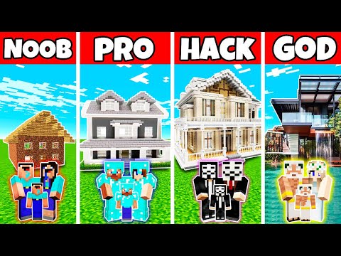 Minecraft Battle : New Family Contemporary Mansion Build Challenge - Noob vs Pro vs Hacker vs God