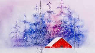 Watercolor Winter Cottage • Easy Christmas Painting Tutorial