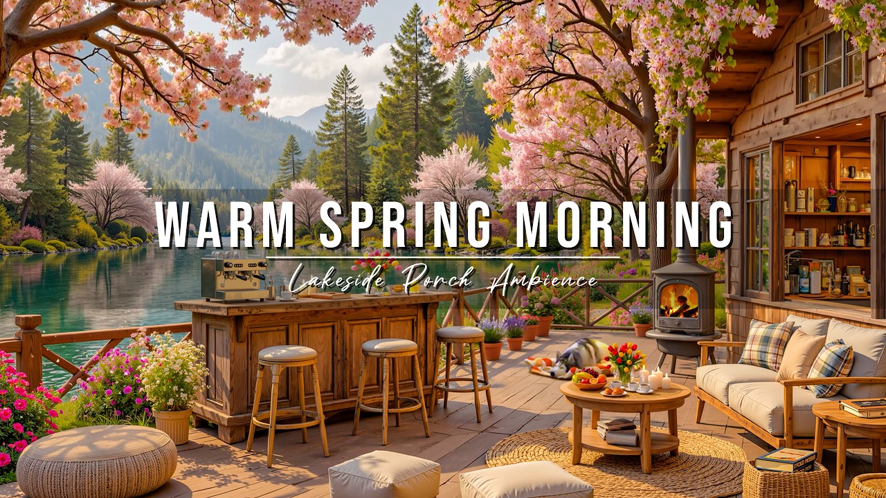 Warm Spring Morning Jazz 🌸☀ Cozy Lakeside Porch Ambience ~ Soft Piano Jazz Music for Stress Relief