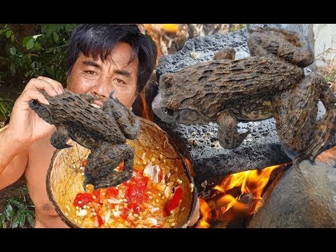 Primitive Technology - roasted small frogs on rock- cooking small frogs eating delicious