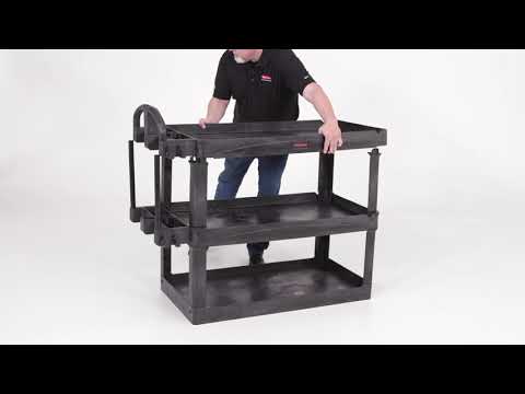 Product video for BRUTE 4-Shelf Heavy-Duty Ergo Utility Cart, 700 lb. Capacity, Black