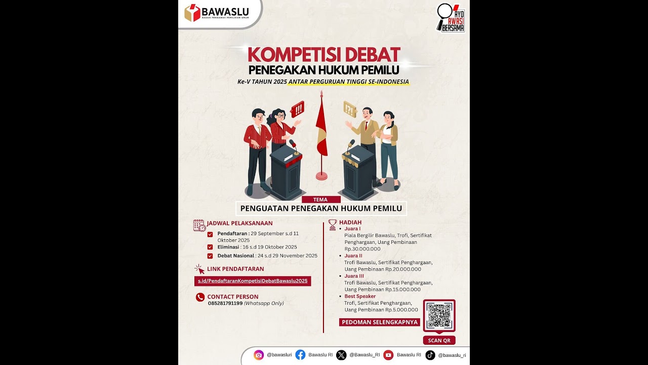 #sahabatbawaslu Bawaslu RI kembali menghadirkan Kompetisi Debat Penegakan Hukum Pemilu ke-V Th 2025