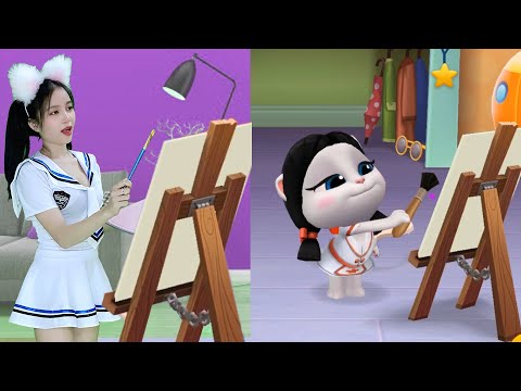 Imitating Angela Painting And Singing - My Talking Tom Friends In The Real Life