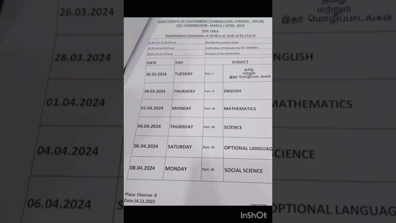 10th std Public Exam time table 2024