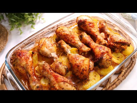 Pollo al Horno Asado con Patatas y Cebolla - Receta muy Fácil, Abundante y Económica