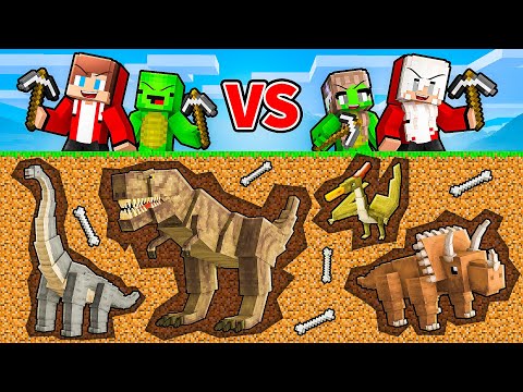 JJ and Mikey: BOYS vs GIRLS DINOSAURS MINE BATTLE in Minecraft - Maizen