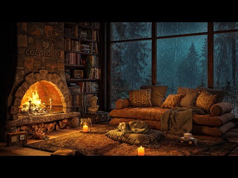Rainy Night Forest in Cozy Secret Nook 🌧️ Smooth Jazz & Crackling Fire, Rain on Window Sounds 4K