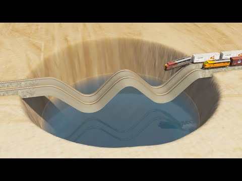 Impossible Weird Wave Rail Tracks Vs Trains Crossing Giant Pit - BeamNG.Drive