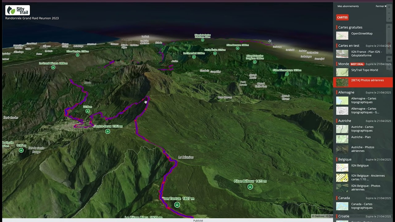 Visualisez une randonnée SityTrail dans une vue 3D réaliste avec des photos aériennes.