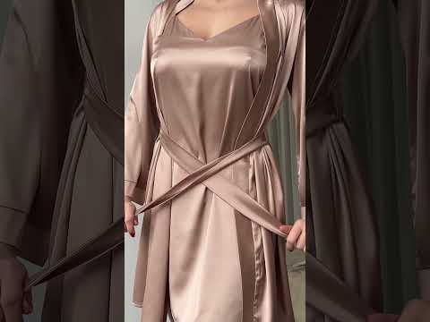 Ночная рубашка с халатом женская (пижама для сна 2в1) с пеньюаром - шелковая - Бежевый - фото 1 - id-p2090822947