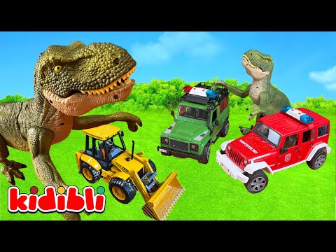 Dino greift Bagger an 🦖🚜 T-Rex gegen Polizei : Dinosaurier, Baufahrzeug-Spielzeug Video | Kidibli